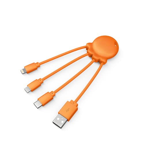 Xoopar Multi USB Kabel 4 in 1 Universal-Ladegerät – widerstandsfähig mit Micro-USB – USB C – Lightning für Smartphone und iPhone Octopus-Kabel – Orange von Xoopar