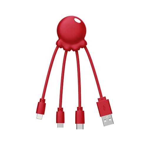 Xoopar Octopus – 4 in 1 Multi USB Kabel in Form eines roten Oktopus – Universal Ladegerät aus recyceltem Kunststoff – USB-C, Ligthning, USB-A, Micro-USB für Smartphone von Xoopar
