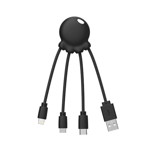 Xoopar Octopus – Multi-USB-Kabel 4 in 1 in Form eines Tintenfisches Schwarz – Universal-Ladegerät aus recyceltem Kunststoff – USB-C-Buchse, Ligthning, USB-A, Micro-USB für Smartphone von Xoopar