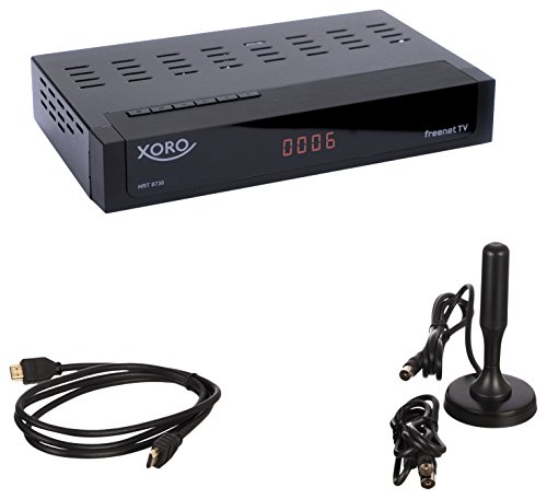 Xoro HRT 8730 KIT Full HD HEVC DVB-T/T2 Receiver (H.265, HDTV, HDMI mit Kabel, kartenloses Irdeto-Zugangssystem für Freenet TV, Mediaplayer, PVR Ready, USB 2.0, 12V, Antenne) schwarz von Xoro