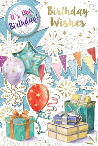 "Express Yourself" Geburtstagskarte Geburtstagswünsche - Weiß und Lila Thema mit schöner Dekoration und einigen Geschenken und einigen Luftballons. von Xpress Yourself