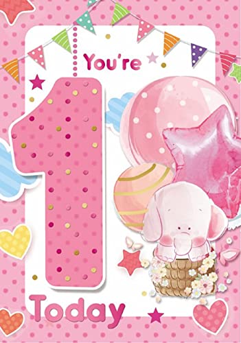 Express Yourself Geburtstagskarte für Mädchen im Alter von 1 Jahr – inklusive Umschlag – Elefanten- und Luftballon-Design auf rosa Schrift, 137 x 195 mm von Xpress Yourself