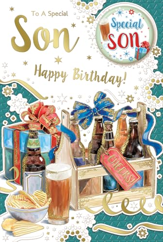 "Express Yourself" Geburtstagskarte für einen besonderen Sohn - Weißes und grünes Thema, schöne Geschenke und einige Weinflaschen mit schöner Dekoration. von Xpress Yourself