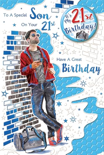 "Express Yourself" Geburtstagskarte für einen besonderen Sohn an Ihrem 21. Geburtstag - Weiß und Blau, schwarze und blaue Wand und auch schöner Junge in roter Jacke. von Xpress Yourself