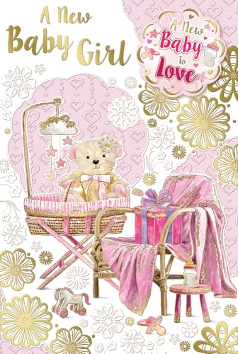 "Express Yourself" Glückwunschkarte für ein neues Baby Mädchen - Weiß und Rosa Thema, schöner Teddybär und einige Geschenke mit schöner Dekoration. von Xpress Yourself