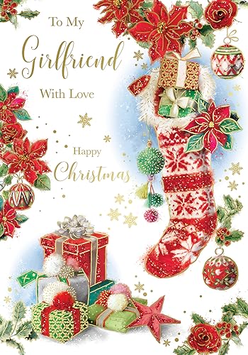 "Express Yourself" Weihnachtskarte To My Girlfriend With Love - Weißes Thema mit einigen Geschenken, schönen roten Blumen und schöner Sterndekoration. von Xpress Yourself