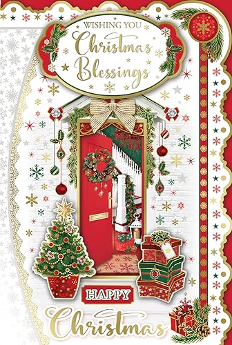 "Express Yourself" Weihnachtskarte Wishing You Christmas Blessings - Rot & Weiß Thema mit Weihnachtsmann und seinem Schlitten mit Sternverzierung. von Xpress Yourself