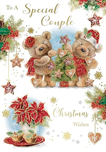 "Express Yourself" Weihnachtskarte an ein besonderes Paar mit Weihnachtswünschen - Weißes Thema und zwei braune Teddybären schmücken Weihnachtsbaum und rote Blumen mit Sternendekoration. von Xpress Yourself
