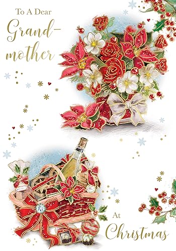 "Express Yourself" Weihnachtskarte an eine liebe Großmutter zu Weihnachten - weißes Thema mit Blumensträußen und schönem Geschenkkorb. von Xpress Yourself
