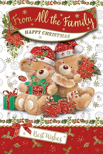 "Express Yourself" Weihnachtskarte aus der ganzen Familie - Rot & Weiß Thema Schöne Dekoration mit zwei braunen Weihnachts-Teddybären und den besten Wünschen. von Xpress Yourself