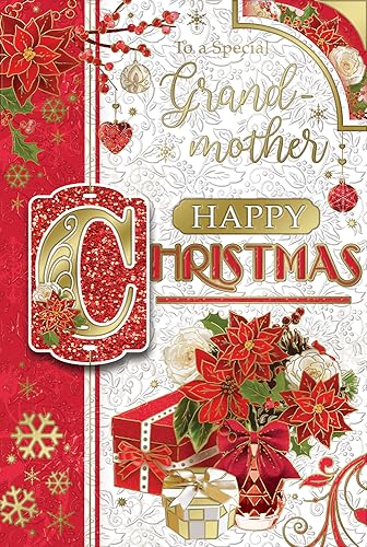 "Express Yourself" Weihnachtskarte für besondere Großmutter - Rot & Weiß Thema Schöne Blumen mit wunderbarem Styling Happy Christmas Charakter von Xpress Yourself