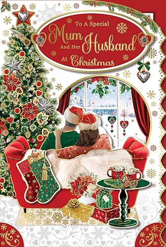 "Express Yourself" Weihnachtskarte für besondere Mama und ihren Ehemann zu Weihnachten - Rot-weißes Thema mit einem Paar sitzen auf Sofa und Weihnachtsbaumschmuck. von Xpress Yourself
