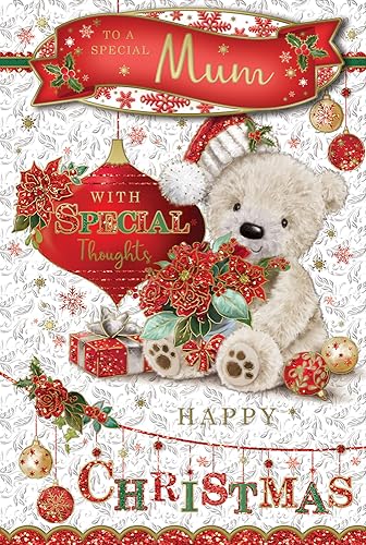 "Express Yourself" Weihnachtskarte für besondere Mutter – Rot-Weiß-Thema mit angebrachtem schönen weißen Teddybär und attraktivem Stil Happy Christmas Charakter. von Xpress Yourself