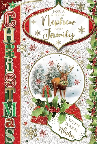 "Express Yourself" Weihnachtskarte für besondere Neffen und Familie - Rot-weißes Thema mit beigefügtem Karte-Hirschbild und attraktivem Styling mit warmen Wünschen. von Xpress Yourself