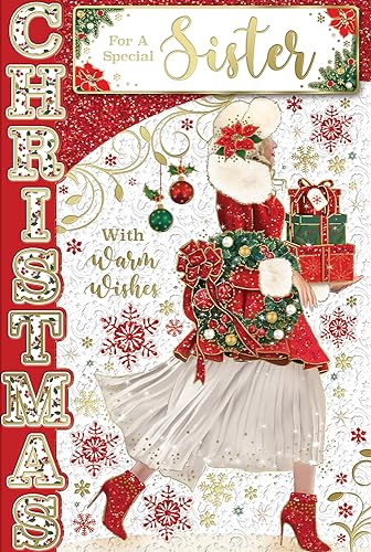 "Express Yourself" Weihnachtskarte für besondere Schwester – Rot-weißes Thema mit einem Mädchen trägt ein Weihnachtskleid und stylt Weihnachtsfigur. von Xpress Yourself