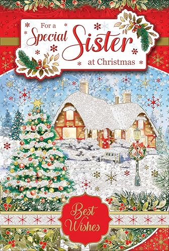 "Express Yourself" Weihnachtskarte für besondere Schwester zu Weihnachten - Rot & Weiß Thema mit besonderem Weihnachtsbaum und attraktivem Styling Best Wishes. von Xpress Yourself