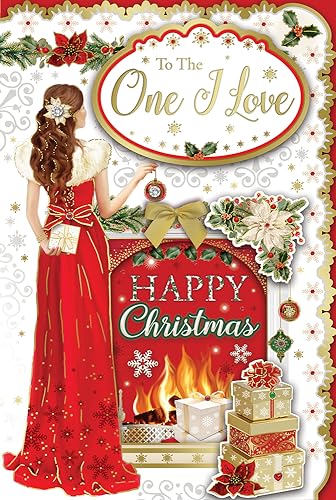 "Express Yourself" Weihnachtskarte für den Einen, den ich liebe – Rot-weißes Thema mit schönem rotem Kleid, das von einem schönen Mädchen getragen wird, das in der Nähe von Feuer steht und vielen von Xpress Yourself