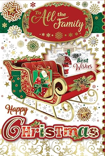 "Express Yourself" Weihnachtskarte für die ganze Familie - Rot & Weiß Thema mit Weihnachtsmann und seinem Schlitten mit Sterndekoration. von Xpress Yourself