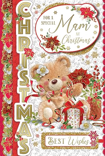 "Express Yourself" Weihnachtskarte für eine besondere Mutter - Rot-weißes Thema mit einem Teddybär und schöner Blumendekoration. von Xpress Yourself