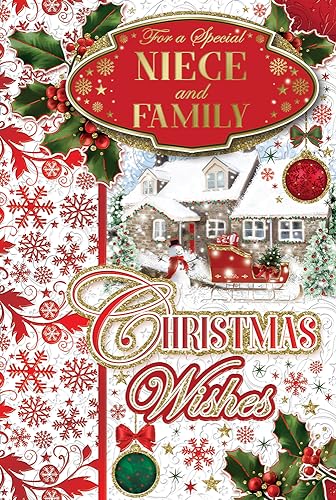 "Express Yourself" Weihnachtskarte für eine besondere Nichte und Familie - Rot & Weiß Thema mit Schneehaus und schöner Weihnachtsbaumdekoration. von Xpress Yourself