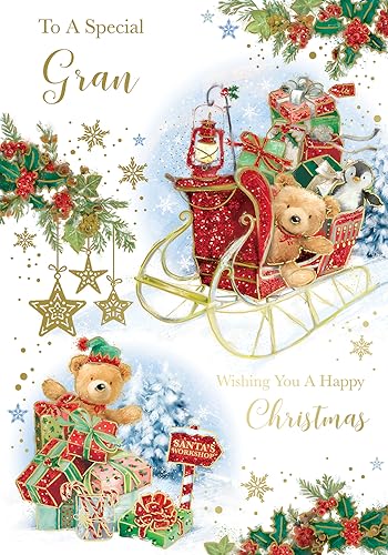 "Express Yourself" Weihnachtskarte für eine besondere Oma - weißes Thema mit zwei Teddybären und einigen Geschenken mit Schlitten, wunderschöne Sterndekoration von Xpress Yourself