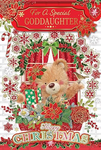 "Express Yourself" Weihnachtskarte für eine besondere Patentochter - Rot-weißes Thema mit einem Teddybär und schöner Blumendekoration. von Xpress Yourself