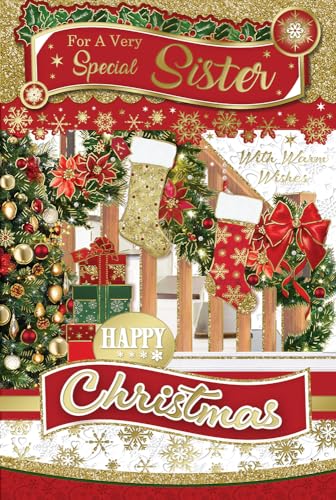 "Express Yourself" Weihnachtskarte für eine besondere Schwester – rot-weißes Thema mit Weihnachtsbaumschmuck und attraktivem Styling mit warmen Wünschen. von Xpress Yourself