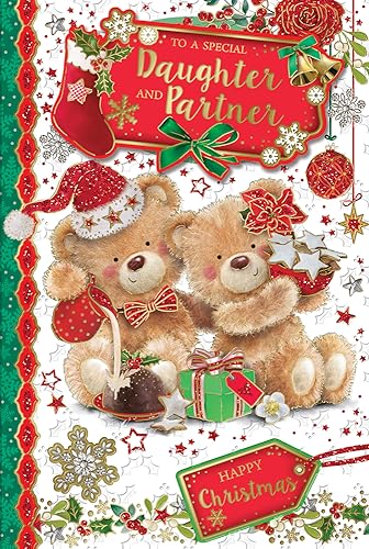 "Express Yourself" Weihnachtskarte für eine besondere Tochter und Partner – Rot-weißes Thema mit zwei Teddybären und attraktivem Design "Happy Christmas". von Xpress Yourself