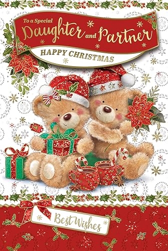 "Express Yourself" Weihnachtskarte für eine besondere Tochter und Partnerin - Rot & Weiß Thema Schöne Dekoration mit zwei braunen Weihnachts-Teddybären und den besten Wünschen. von Xpress Yourself