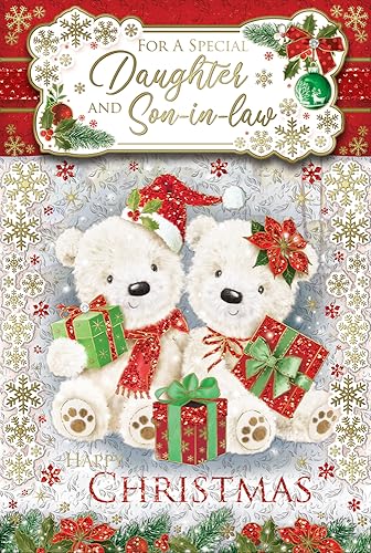 "Express Yourself" Weihnachtskarte für eine besondere Tochter und Schwiegersohn - Rot & Weiß Thema mit schöner Dekoration und angebrachten zwei Smiley-Teddybären inklusive attraktiven Geschenken. von Xpress Yourself