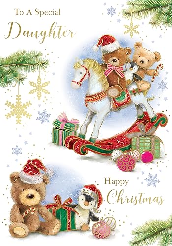 "Express Yourself" Weihnachtskarte für eine besondere Tochter - weißes Thema mit zwei Teddybären sitzen auf Pferd und schöner Sterndekoration von Xpress Yourself