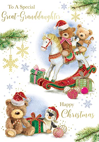 "Express Yourself" Weihnachtskarte für eine besondere Urenkelin - weißes Thema mit zwei Teddybären sitzen auf Pferd und schöner Sterndekoration von Xpress Yourself