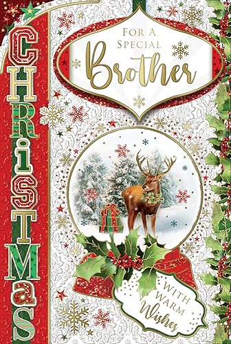 "Express Yourself" Weihnachtskarte für einen besonderen Bruder - Rot-weißes Thema mit beigefügtem Karte-Hirschbild und attraktivem Styling mit warmen Wünschen. von Xpress Yourself