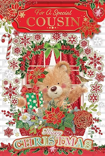 "Express Yourself" Weihnachtskarte für einen besonderen Cousin - Rot-weißes Thema mit einem Teddybär und schöner Blumendekoration. von Xpress Yourself