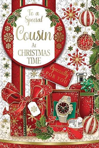 "Express Yourself" Weihnachtskarte für einen besonderen Cousin zu Weihnachten – Rot-weißes Thema mit besonderen Wünschen und Weihnachtsbaumschmuck. von Xpress Yourself