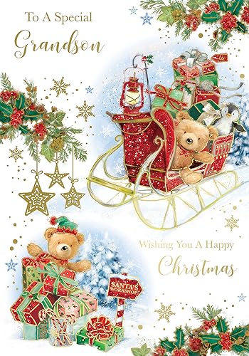 "Express Yourself" Weihnachtskarte für einen besonderen Enkel - weißes Thema mit zwei Teddybären und einigen Geschenken mit Schlitten, wunderschöne Sterndekoration von Xpress Yourself