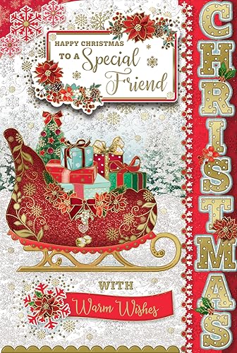 "Express Yourself" Weihnachtskarte für einen besonderen Freund - Rot & Weiß Thema und schöne Dekoration und befestigter Weihnachtsschlitten mit warmen Wünschen. von Xpress Yourself
