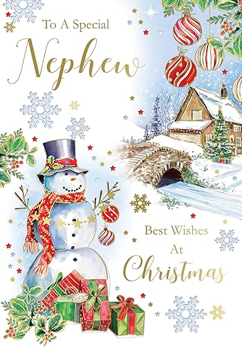 "Express Yourself" Weihnachtskarte für einen besonderen Neffen zu Weihnachten - Weißes Thema und schöner Schneemann mit einigen Geschenken und schönem Haus in der Nähe von Fluss. von Xpress Yourself
