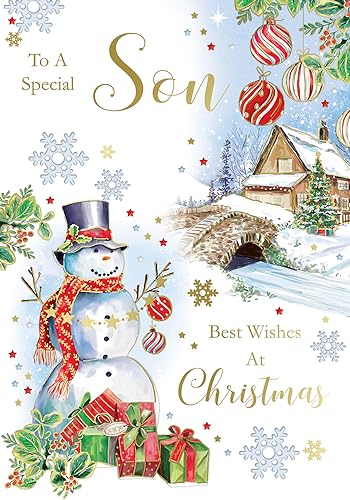 "Express Yourself" Weihnachtskarte für einen besonderen Sohn Best Wishes at Christmas - Weißes Thema und schöner Schneemann mit einigen Geschenken und schönem Haus in der Nähe von Fluss. von Xpress Yourself