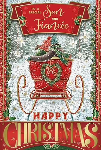 "Express Yourself" Weihnachtskarte für einen besonderen Sohn und Verlobte - Rot-weißes Thema mit zwei Pärchen sitzen auf Weihnachtsmannschlitten und Happy Christmas Charakter. von Xpress Yourself