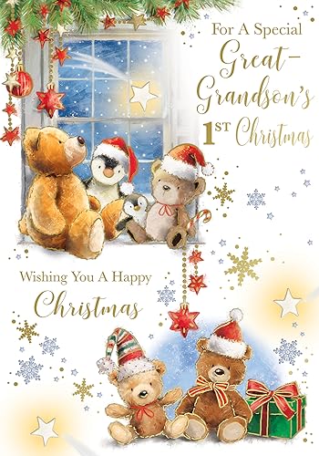 "Express Yourself" Weihnachtskarte für einen besonderen Urenkel 1. Weihnachten - Weißes Thema mit vier Teddybären sitzen am Fenster, schöner Nachthimmel-Blick und Sterndekoration von Xpress Yourself