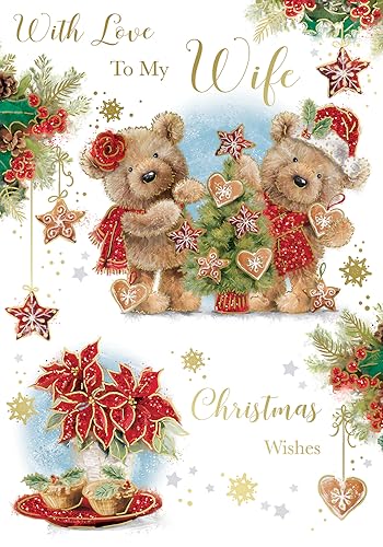 "Express Yourself" Weihnachtskarte mit Liebe zu meiner Frau - Weißes Thema und zwei braune Teddybären schmücken Weihnachtsbaum und rote Blumen mit Sternendekoration. von Xpress Yourself