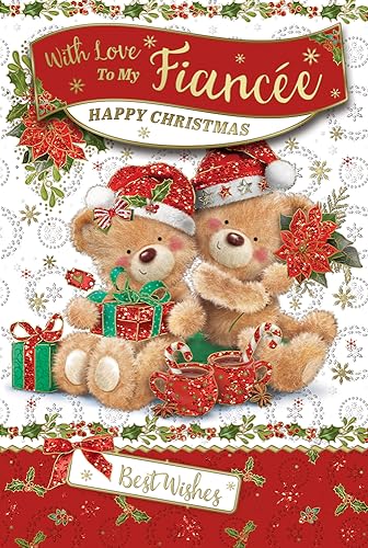 "Express Yourself" Weihnachtskarte mit Liebe zu meiner Verlobten - Rot & Weiß Thema Schöne Dekoration mit zwei braunen Weihnachts-Teddybären und den besten Wünschen. von Xpress Yourself