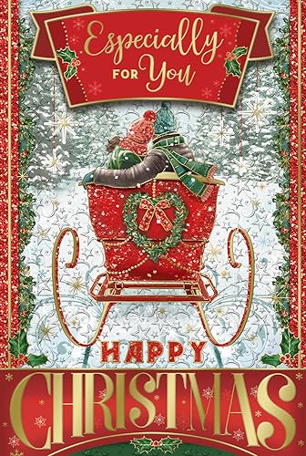 "Express Yourself" Weihnachtskarte speziell für Sie - Rot-weißes Thema mit zwei Paaren sitzen auf Weihnachtsmann-Schlitten und Happy Christmas Charakter. von Xpress Yourself