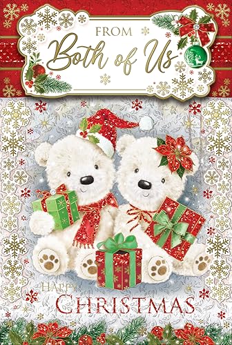 "Express Yourself" Weihnachtskarte von uns beiden, rot-weißes Thema mit schöner Dekoration und zwei Smiley-Teddybären, inklusive attraktiver Geschenke. von Xpress Yourself