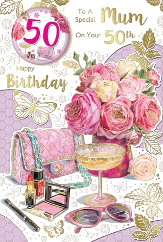 Geburtstagskarte "Express Yourself" für eine besondere Mutter zum 50. Geburtstag - Weiß und Rosa Thema mit einigen schönen rosa und weißen Rosen und schöner rosa Geldbörse und Sonnenbrille. von Xpress Yourself