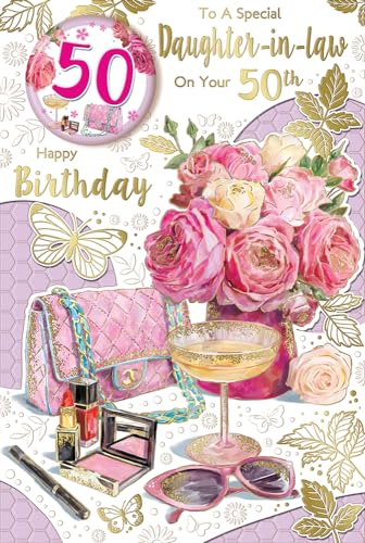Geburtstagskarte "Express Yourself" für eine besondere Schwiegertochter zum 50. Geburtstag - Weiß und Rosa Thema mit einigen schönen rosa und weißen Rosen und schöner rosa Geldbörse und Sonnenbrille. von Xpress Yourself
