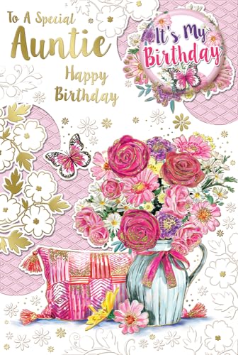 Geburtstagskarte "Express Yourself" für eine besondere Tante – weißes und rosa Thema mit schöner Vase voller rosa Rosen. von Xpress Yourself