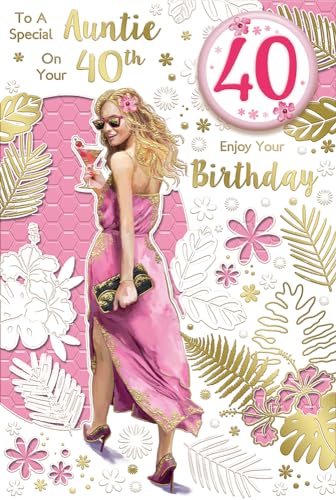Geburtstagskarte "Express Yourself" für eine besondere Tante zum 40. Geburtstag – weißes und rosa Thema, goldenes Blatt mit schönem Mädchen, das schöne Drees trägt. von Xpress Yourself
