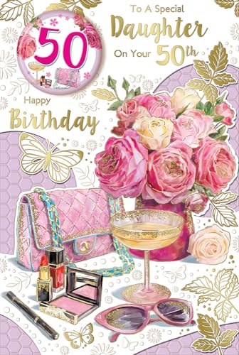 Geburtstagskarte "Express Yourself" für eine besondere Tochter zum 50. Geburtstag - Weiß und Rosa Thema mit einigen schönen rosa und weißen Rosen und schöner rosa Geldbörse und Sonnenbrille. von Xpress Yourself